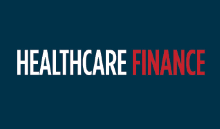 Healthcare Finance logo on a dark blue background