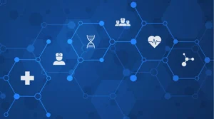 Abstract blue background with a honeycomb overlay featuring six white icons in this order: health cross, nurse, dna, group of nurses, heartbeat, and data web
