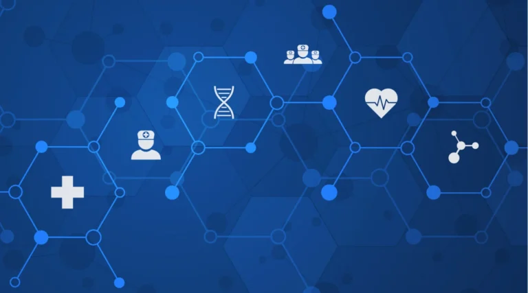 Abstract blue background with a honeycomb overlay featuring six white icons in this order: health cross, nurse, dna, group of nurses, heartbeat, and data web