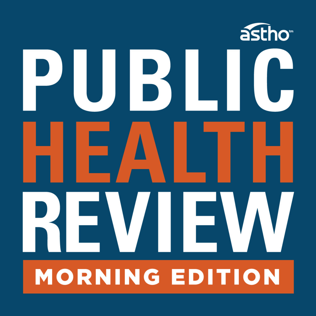 Title card for a podcast with a dull dark blue background and white and orange text that reads "Public Health Review Morning Edition"